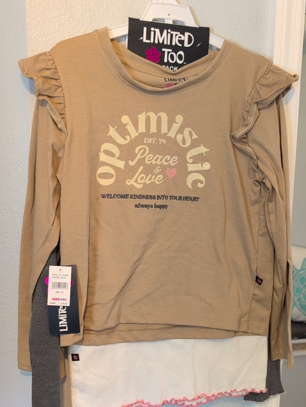 Limited Too Tan Long Sleeve 'Optimistic Peace & Love' Top Brand New